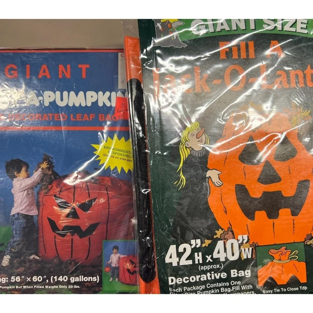 Vintage Giant Pumpkin Leaf Bags Lot Of 2 Halloween 56x60 & 42